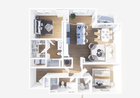 A top-down view of a modern apartment layout with a kitchen, living room, and bedrooms.